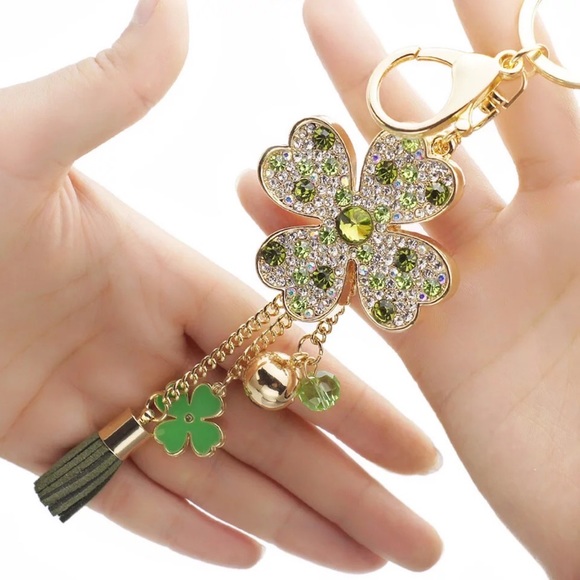Green & Silver Crystal Four Leaf Clover Keychain with Tassel Charms - Picture 3 of 16